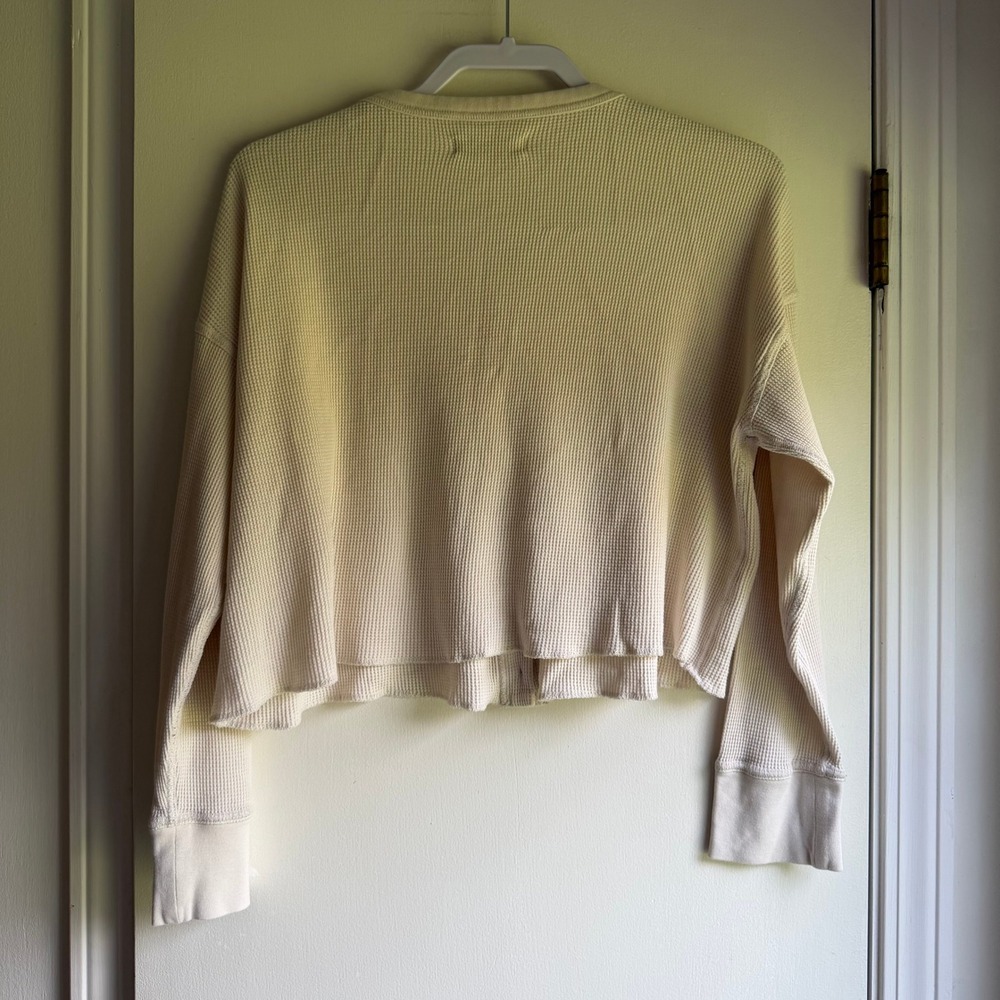 Everlane Organic Cotton Waffle Cardigan Cream Cropped Thermal Sweater Womens L - Picture 6 of 8